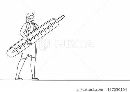 Continuous one line drawing therapist doctor with mask on her face carry thermometer in the hospital. Female nurse or doctor in medical outfit with stethoscope. Single line draw design vector graphic 127050194