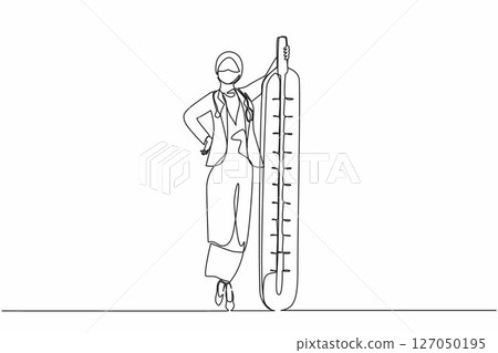 Single one line drawing therapist doctor with mask on her face carry thermometer in hospital. Arabian female nurse or doctor in medical outfit with stethoscope. Continuous line design graphic vector 127050195