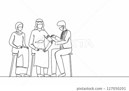 Single one line drawing doctor gives patient antiviral injection. Doctor inject coronavirus vaccine in Arab man arm muscle. Vaccination against coronavirus. Continuous line design vector illustration 127050201