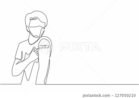 Single continuous line drawing man showing his arm with band aid after coronavirus Covid-19 vaccine, wearing medical mask. Vaccination, fight against coronavirus. One line draw graphic design vector Single continuous line drawing man showing his arm with band aid after coronavirus Covid-19 vaccine, wearing medical mask. Vaccination, fight against coronavirus. One line draw graphic design vector 127050210