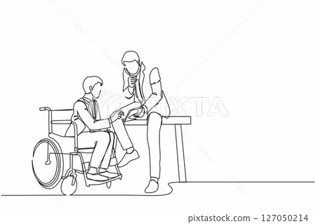 Single continuous line drawing businessman sitting on wheelchair presenting business graph on paper to manager. Diverse corporate colleagues in modern office. One line draw design vector illustration Single continuous line drawing businessman sitting on wheelchair presenting business graph on paper to manager. Diverse corporate colleagues in modern office. One line draw design vector illustration 127050214
