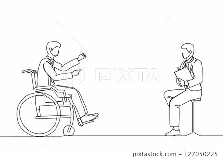 Continuous one line drawing job interview for people with disabilities. Disabled man sitting in wheelchair, accepting hired contract with male employer. Job interviews. Single line draw design vector Continuous one line drawing job interview for people with disabilities. Disabled man sitting in wheelchair, accepting hired contract with male employer. Job interviews. Single line draw design vector 127050225