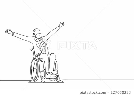 Single continuous line drawing businessman sitting in wheelchair, raising hands in happiness, rehabilitation concept. Happy person raising his hands up for joy. One line draw graphic design vector Single continuous line drawing businessman sitting in wheelchair, raising hands in happiness, rehabilitation concept. Happy person raising his hands up for joy. One line draw graphic design vector 127050233