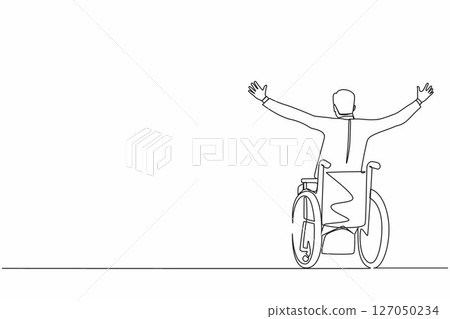 Single one line drawing back view businessman sitting in wheelchair, raising arms in happiness, rehabilitation concept. Happy person raising his hands up for joy. Continuous line draw design vector Single one line drawing back view businessman sitting in wheelchair, raising arms in happiness, rehabilitation concept. Happy person raising his hands up for joy. Continuous line draw design vector 127050234
