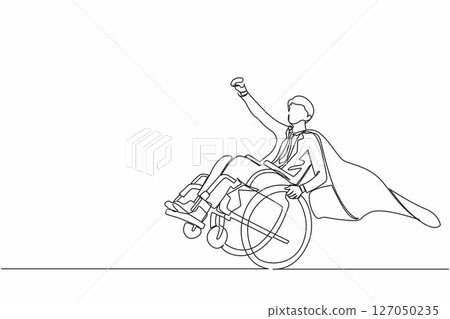 Single continuous line drawing happy disabled businessman in cloak suit pretend to be superhero, raising hands up. Be happy and strong despite life's difficulties. One line draw graphic design vector Single continuous line drawing happy disabled businessman in cloak suit pretend to be superhero, raising hands up. Be happy and strong despite life's difficulties. One line draw graphic design vector 127050235