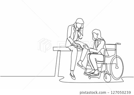 Single one line drawing businesswoman sitting on wheelchair presenting business graph on paper to manager. Diverse corporate colleagues in modern office. Continuous line draw design graphic vector Single one line drawing businesswoman sitting on wheelchair presenting business graph on paper to manager. Diverse corporate colleagues in modern office. Continuous line draw design graphic vector 127050239