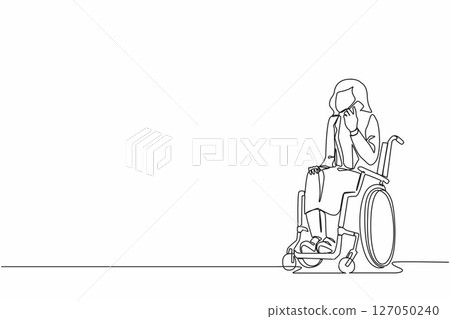 Single one line drawing disabled girl in wheelchair having phone conversation while working from home. Brave businesswoman talking with client on mobile phone. Continuous line draw design vector Single one line drawing disabled girl in wheelchair having phone conversation while working from home. Brave businesswoman talking with client on mobile phone. Continuous line draw design vector 127050240