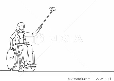 Single continuous line drawing businesswoman in wheelchair taking selfie with phone and stick. Disabled manager woman in wheelchair making selfie on smartphone. One line draw graphic design vector Single continuous line drawing businesswoman in wheelchair taking selfie with phone and stick. Disabled manager woman in wheelchair making selfie on smartphone. One line draw graphic design vector 127050241