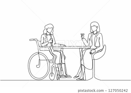 Single continuous line drawing two businesswomen talk at business meeting. Colleagues have coffee break. Disability female drinks coffee with her friend. Dynamic one line draw graphic design vector 127050242