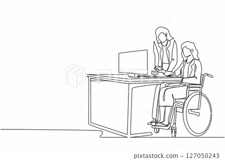 Continuous one line drawing handicapped businesswoman in wheelchair working with colleague in office. People discussing business graph on computer. Single line draw design vector graphic illustration Continuous one line drawing handicapped businesswoman in wheelchair working with colleague in office. People discussing business graph on computer. Single line draw design vector graphic illustration 127050243