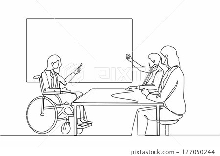 Single continuous line drawing disabled lady giving presentation to colleagues. Businesswoman listening to injured executive in wheelchair presenting business strategy. One line draw design vector Single continuous line drawing disabled lady giving presentation to colleagues. Businesswoman listening to injured executive in wheelchair presenting business strategy. One line draw design vector 127050244