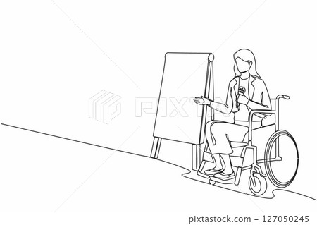 Continuous one line drawing businesswoman on wheelchair using microphone, presentation infographics on flip chart at weekly office report meeting. Single line draw design vector graphic illustration Continuous one line drawing businesswoman on wheelchair using microphone, presentation infographics on flip chart at weekly office report meeting. Single line draw design vector graphic illustration 127050245