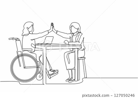 Single one line drawing disabled businesswoman giving high five to her partner in office. Office worker sitting in wheelchair joy. Colleague celebrating success. Continuous line design graphic vector Single one line drawing disabled businesswoman giving high five to her partner in office. Office worker sitting in wheelchair joy. Colleague celebrating success. Continuous line design graphic vector 127050246