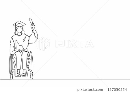 Single continuous line drawing inclusive affordable education. Graduate of disabled female student in wheelchair has learned from program of school, university. One line design vector illustration 127050254