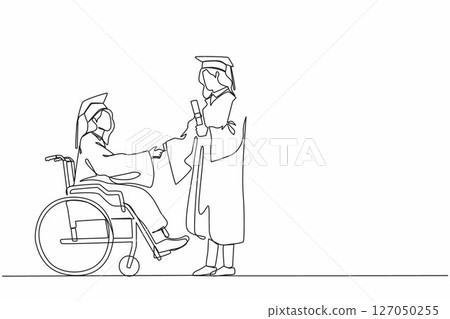 Continuous one line drawing full length of female graduate student in wheelchair shaking hand with female graduate student standing and holding diploma. Single line design vector graphic illustration 127050255