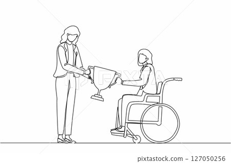 Single continuous line drawing presenting prize to businesswoman in wheelchair. Disabled woman on wheelchair with trophy cup sharing her joy from achievement victory. One line graphic design vector Single continuous line drawing presenting prize to businesswoman in wheelchair. Disabled woman on wheelchair with trophy cup sharing her joy from achievement victory. One line graphic design vector 127050256