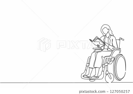 Single one line drawing positive student disabled reads book while sitting in wheelchair. Brave woman studying in college. Rehabilitation of disabled people. Continuous line draw design vector Single one line drawing positive student disabled reads book while sitting in wheelchair. Brave woman studying in college. Rehabilitation of disabled people. Continuous line draw design vector 127050257