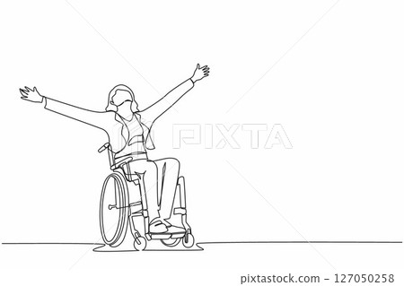Single one line drawing businesswoman sitting in wheelchair, raising hands in happiness, rehabilitation concept. Happy person raising her hands up for joy. Continuous line draw design graphic vector Single one line drawing businesswoman sitting in wheelchair, raising hands in happiness, rehabilitation concept. Happy person raising her hands up for joy. Continuous line draw design graphic vector 127050258