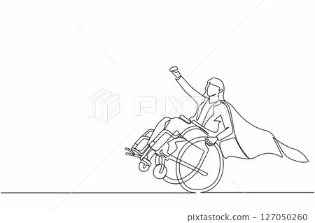Continuous one line drawing disabled businesswoman in cloak blazer pretend to be superhero, raising hands up. Be happy and strong despite life's difficulties. Single line draw design vector graphic Continuous one line drawing disabled businesswoman in cloak blazer pretend to be superhero, raising hands up. Be happy and strong despite life's difficulties. Single line draw design vector graphic 127050260