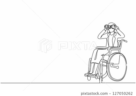Single continuous line drawing successful businesswoman in wheelchair with binocular looks for new ideas, solutions, and decisions. Discover opportunities concept. One line draw graphic design vector 127050262