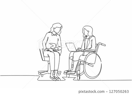 Continuous one line drawing employee with disabilities and inclusion work together in office. Disabled female on wheelchair with coworker sit communicate using laptop. Single line draw design vector 127050263