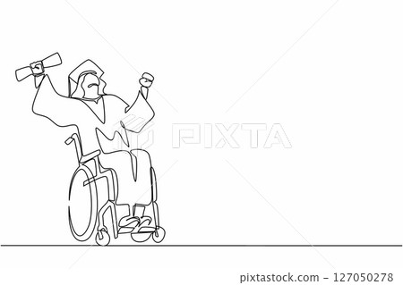 Single continuous line drawing disabled bachelor, inclusive education concept. Young happy Arab man graduate master holding diploma in hand sitting in wheelchair. One line draw graphic design vector 127050278