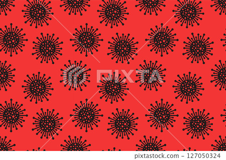 Bright red seamless aggressive virus pattern. Pandemic health danger background with abstract medical bacteria symbols. Vector illustration for fabric, design, print, wallpaper, cover, covid concept Bright red seamless aggressive virus pattern. Pandemic health danger background with abstract medical bacteria symbols. Vector illustration for fabric, design, print, wallpaper, cover, covid concept 127050324