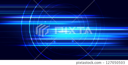 Abstract blue circles lines and blue beam horizontal on dark blue background. Speed motion moving movement concept. 127050503