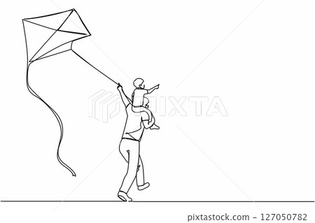 Single continuous line drawing back view daddy gives happy boy son piggyback ride flying kite outdoors. Father carry laughing son on shoulders and fly kite in countryside. One line draw design vector Single continuous line drawing back view daddy gives happy boy son piggyback ride flying kite outdoors. Father carry laughing son on shoulders and fly kite in countryside. One line draw design vector 127050782