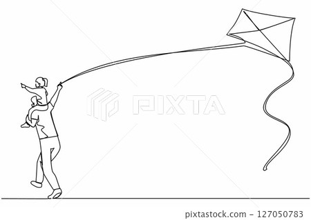 Single one line drawing back view happy family father carrying daughter on shoulders run with kite. Father and child daughter spending free time together. Continuous line draw design graphic vector Single one line drawing back view happy family father carrying daughter on shoulders run with kite. Father and child daughter spending free time together. Continuous line draw design graphic vector 127050783