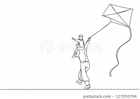 Continuous one line drawing back view Arabian daddy gives happy boy son piggyback ride flying kite outdoors. Father carry son on shoulders and fly kite in countryside. Single line draw design vector Continuous one line drawing back view Arabian daddy gives happy boy son piggyback ride flying kite outdoors. Father carry son on shoulders and fly kite in countryside. Single line draw design vector 127050784