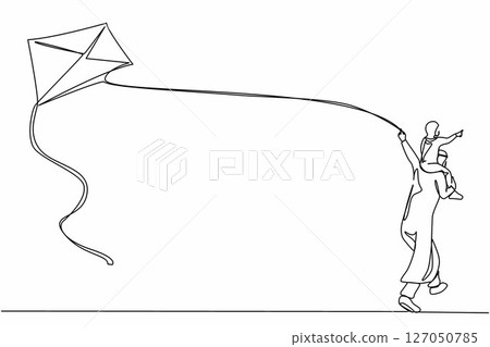 Single one line drawing back view happy Arabian father carrying daughter on shoulders run with kite. Father and child daughter spending free time together. Continuous line draw design graphic vector Single one line drawing back view happy Arabian father carrying daughter on shoulders run with kite. Father and child daughter spending free time together. Continuous line draw design graphic vector 127050785