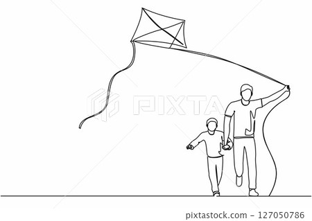 Single continuous line drawing young father and son launching kite together parenting fatherhood concept dad spending time with kid full length. Dynamic one line graphic design vector illustration Single continuous line drawing young father and son launching kite together parenting fatherhood concept dad spending time with kid full length. Dynamic one line graphic design vector illustration 127050786