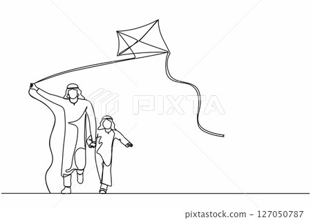 Single continuous line drawing Arabian father and son launching kite in the park. Happy young father and child boy spending free time together. Dynamic one line draw graphic design vector illustration Single continuous line drawing Arabian father and son launching kite in the park. Happy young father and child boy spending free time together. Dynamic one line draw graphic design vector illustration 127050787