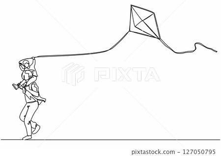 Continuous one line drawing father and his child flying kite isolated on white background. Cartoon man carrying son on shoulders, playing and running with kid. Single line draw design vector graphic Continuous one line drawing father and his child flying kite isolated on white background. Cartoon man carrying son on shoulders, playing and running with kid. Single line draw design vector graphic 127050795