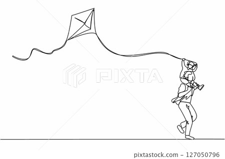 Single continuous line drawing dad and daughter have fun, fly kite. Father carrying daughter on shoulders, playing and running in the park. Dynamic one line draw graphic design vector illustration Single continuous line drawing dad and daughter have fun, fly kite. Father carrying daughter on shoulders, playing and running in the park. Dynamic one line draw graphic design vector illustration 127050796