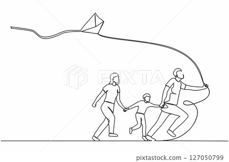 Single one line drawing happy family running with flying kite. Mother, father and son launching kite. Outdoor recreational activities. Modern continuous line draw design graphic vector illustration Single one line drawing happy family running with flying kite. Mother, father and son launching kite. Outdoor recreational activities. Modern continuous line draw design graphic vector illustration 127050799