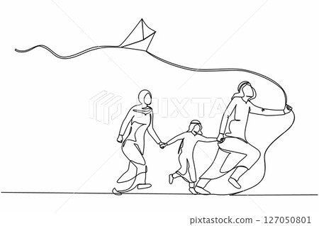 Single continuous line drawing happy Arabian family running with flying kite. Mother, father and son launching kite. Outdoor recreational activities. One line draw graphic design vector illustration Single continuous line drawing happy Arabian family running with flying kite. Mother, father and son launching kite. Outdoor recreational activities. One line draw graphic design vector illustration 127050801