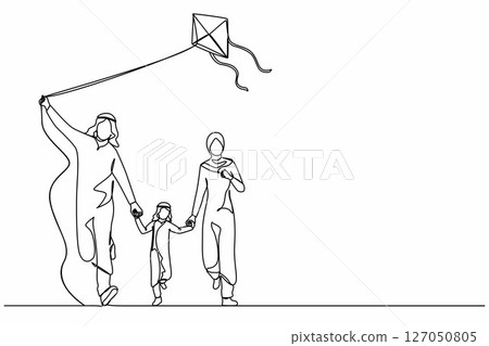 Continuous one line drawing Arab family weekend with parents and child walking in park. Fun family running, rest at nature on vacation. Dad, mom, and son launches kite. Single line draw design vector 127050805