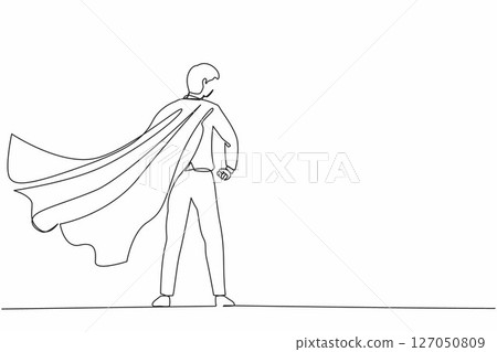 Single continuous line drawing superhero in cloak flutters in the wind. Stands with his back. Successful businessman hero. Business success, leadership and victory. One line draw graphic design vector 127050809