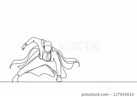 Continuous one line drawing young businessman with superhero mantle in landing powerful action. Office worker ready to fight for career achievement. Single line draw design vector graphic illustration 127050810