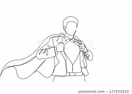 Single one line drawing handsome young man in business suit wearing tie with shirt. Successful businessman. Hero, ripping off his shirt. Modern continuous line draw design graphic vector illustration Single one line drawing handsome young man in business suit wearing tie with shirt. Successful businessman. Hero, ripping off his shirt. Modern continuous line draw design graphic vector illustration 127050820