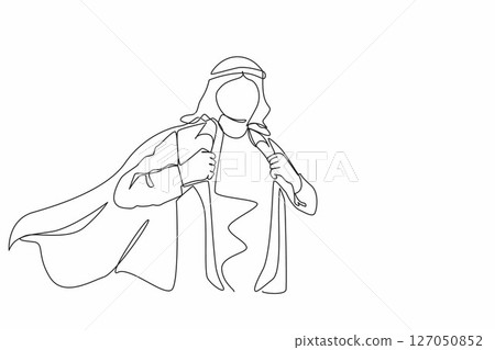 Single continuous line drawing handsome young man in business Arabic clothes with shirt. Successful Arabian businessman. Hero, ripping off his shirt. One line draw graphic design vector illustration Single continuous line drawing handsome young man in business Arabic clothes with shirt. Successful Arabian businessman. Hero, ripping off his shirt. One line draw graphic design vector illustration 127050852