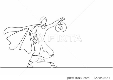 Continuous one line drawing superhero Arabian businesswoman present symbol of income. Happy employee superhero shows money bag metaphor of income, investment, profit, growth. Single line design vector Continuous one line drawing superhero Arabian businesswoman present symbol of income. Happy employee superhero shows money bag metaphor of income, investment, profit, growth. Single line design vector 127050865