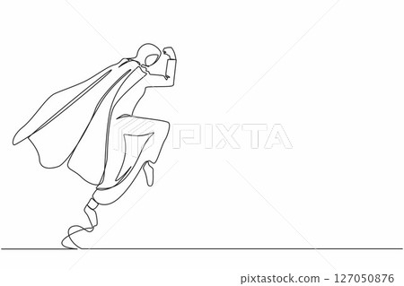 Single continuous line drawing superhero Arab businesswoman parry blow. Female in superwoman costume and mantle standing after fight. Victory, winner concept. One line draw design vector illustration 127050876