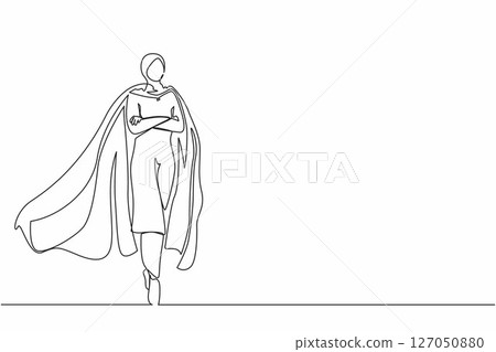 Single one line drawing determined Arab businesswoman or office worker super hero in cloak. The concept of leadership and strength in business. Continuous line draw design graphic vector illustration Single one line drawing determined Arab businesswoman or office worker super hero in cloak. The concept of leadership and strength in business. Continuous line draw design graphic vector illustration 127050880