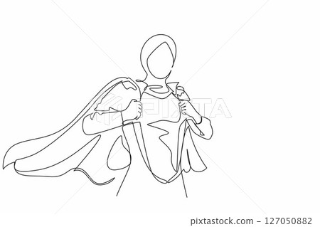 Continuous one line drawing beautiful young female in business hijab wearing shirt. Successful Arabian businesswoman. Hero, ripping off her shirt. Single line draw design vector graphic illustration Continuous one line drawing beautiful young female in business hijab wearing shirt. Successful Arabian businesswoman. Hero, ripping off her shirt. Single line draw design vector graphic illustration 127050882