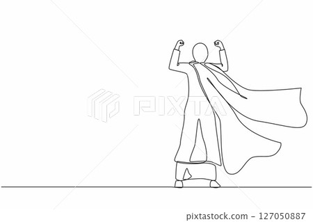 Single continuous line drawing back view super Arabian businesswoman. Female in strong base pose. Success and victory in business. Superhero in cloak. One line draw graphic design vector illustration 127050887