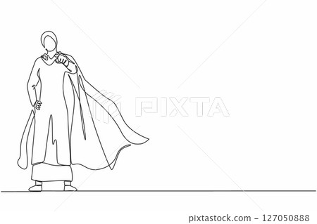 Single one line drawing leadership Arabic businesswoman in superhero cloak. Leader or boss pointing direction goals, aims defining strategy development. Continuous line draw design vector illustration Single one line drawing leadership Arabic businesswoman in superhero cloak. Leader or boss pointing direction goals, aims defining strategy development. Continuous line draw design vector illustration 127050888