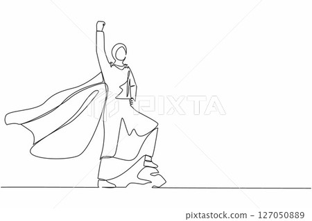Single continuous line drawing superhero Arab businesswoman in office hijab flying upward with cloak. Joyful woman raising her fist in up rejoicing at her success. One line draw graphic design vector Single continuous line drawing superhero Arab businesswoman in office hijab flying upward with cloak. Joyful woman raising her fist in up rejoicing at her success. One line draw graphic design vector 127050889